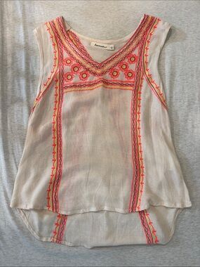 Loveappella Sleeveless Embroidered V-Neck Top in Cream with Neon Accents